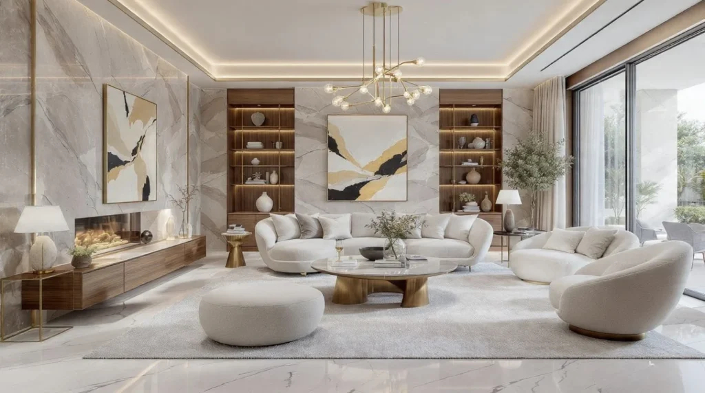 Contemporary luxury living room featuring sculptural lighting, bespoke furniture, marble finishes, and mixed natural materials.