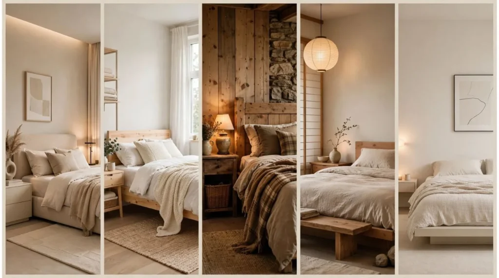 Cozy bedroom ideas featuring modern, Scandinavian, rustic, Japandi, and minimalist styles
