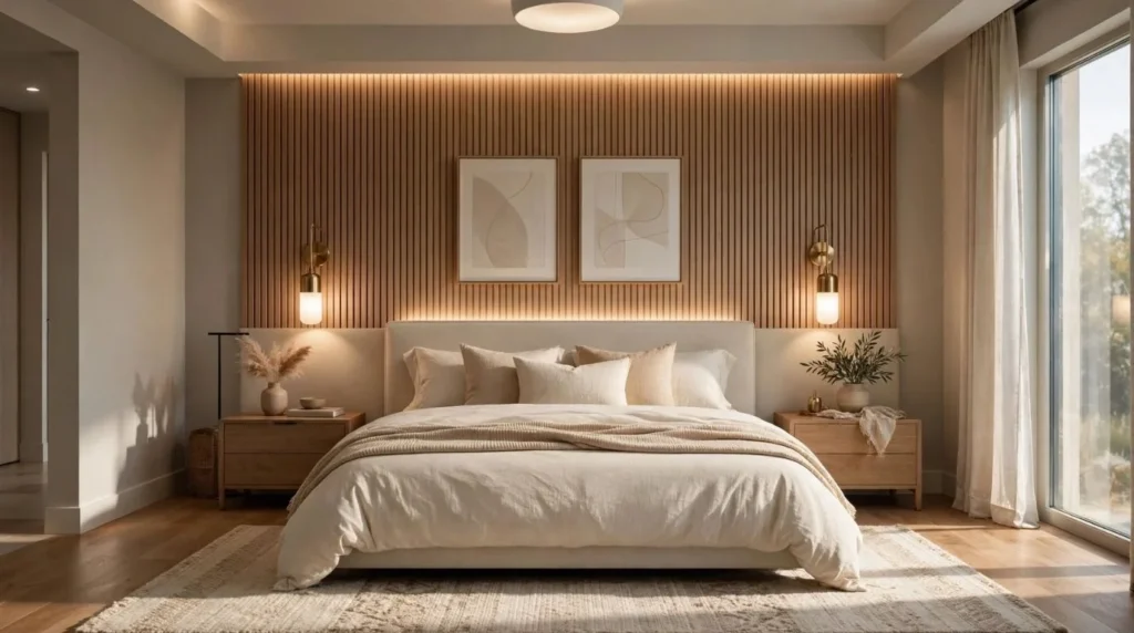 Modern bedroom with layered ambient, task, and accent lighting