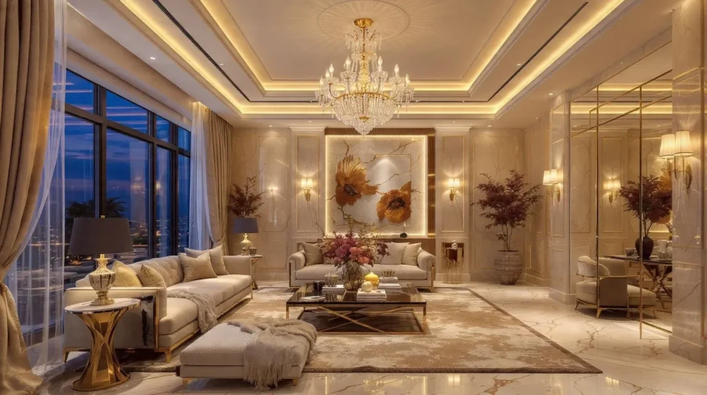 Luxury living room with layered lighting, a crystal chandelier, wall sconces, and warm ambient illumination.