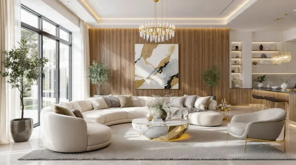 Luxury living room design ideas featuring a curved sectional sofa, marble coffee table, designer accent chair, walnut wall paneling, and elegant premium furniture.