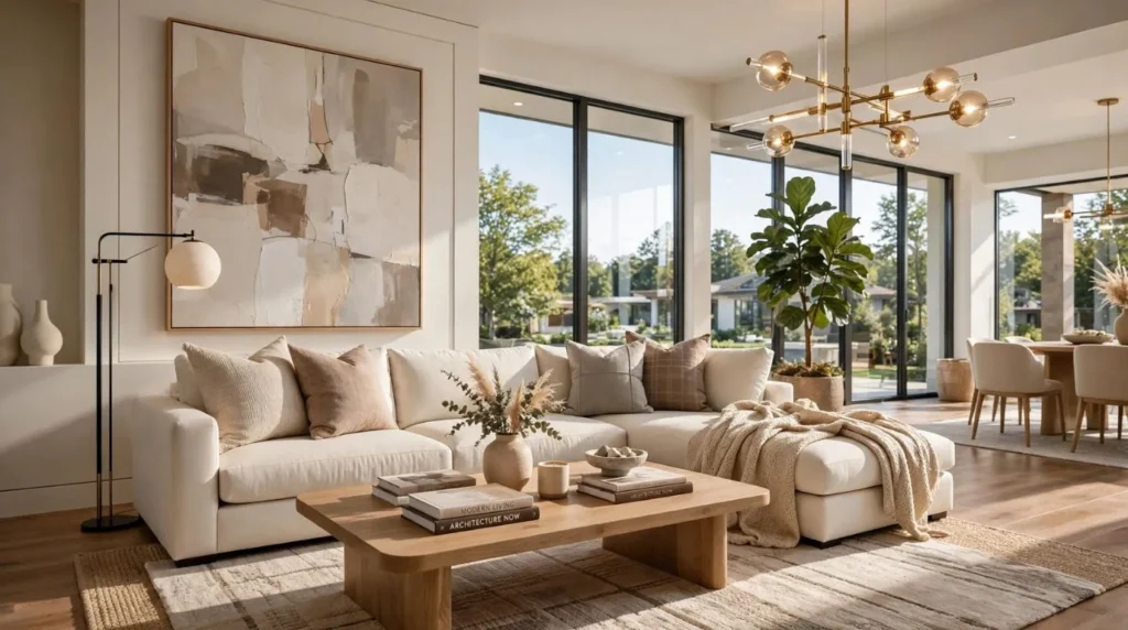 Modern living room decor ideas featuring stylish furniture, layered lighting, neutral colors, and elegant home accessories.