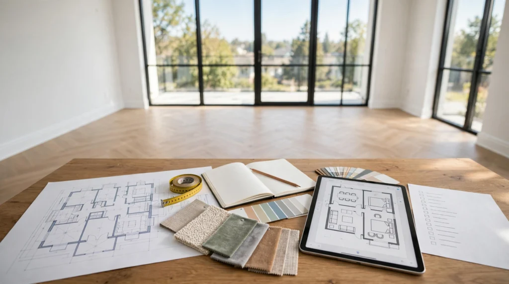 Measuring a living room before buying furniture using a floor plan, tape measure, and home decorating checklist.