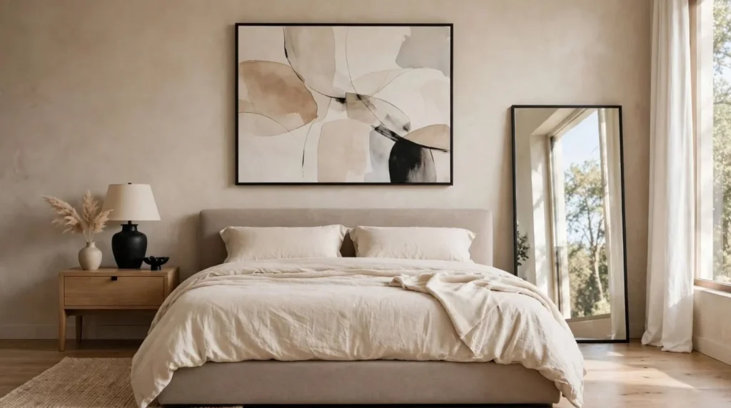 Modern bedroom with minimalist wall art and a large decorative mirror