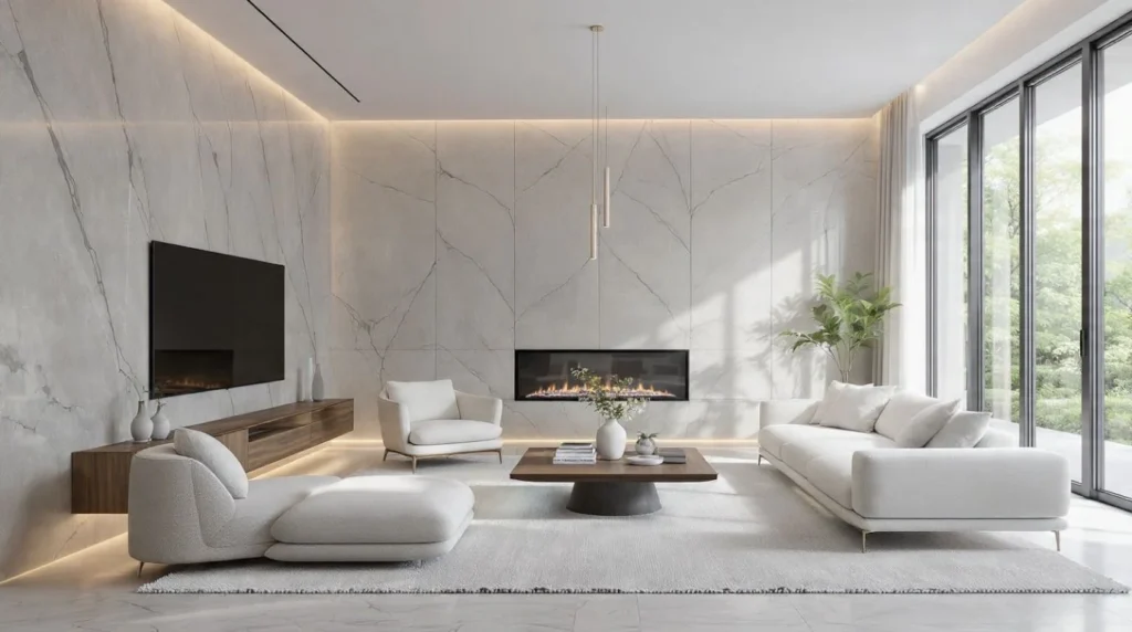 Minimalist luxury living room with clean lines, hidden storage, neutral colors, premium fabrics, and statement lighting.