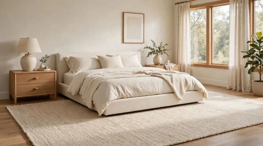 Large neutral area rug anchoring a modern bedroom with an upholstered bed