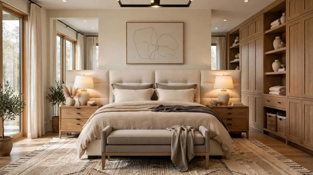 Budget-friendly modern bedroom makeover with neutral bedding and simple decor