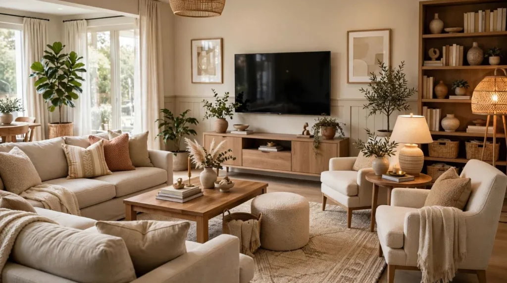 Essential living room furniture including sofa, coffee table, accent chairs, media console, and area rug.