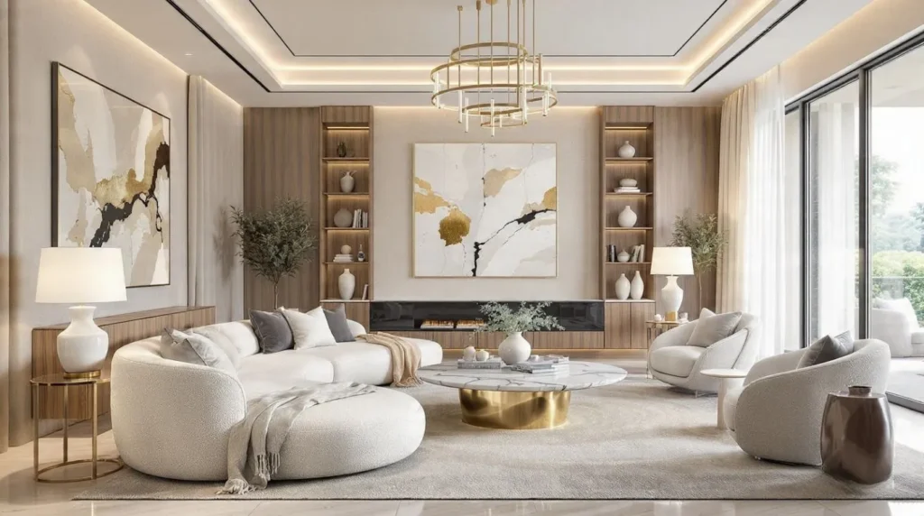Premium luxury living room featuring a curved boucle sectional sofa, Calacatta marble coffee table, walnut furniture, bespoke built-in shelving, and elegant designer decor