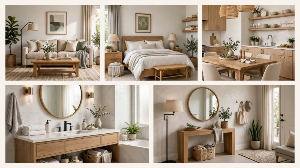 Essential home decor items for the living room, bedroom, kitchen, bathroom, and entryway in a modern home.