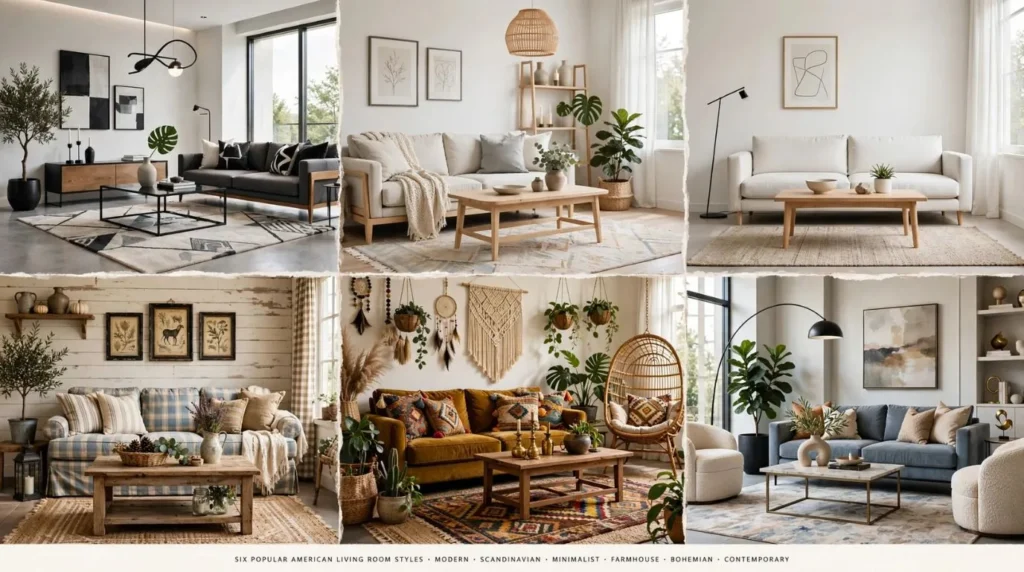 Comparison of modern, Scandinavian, farmhouse, minimalist, boho, and contemporary living room decor styles.