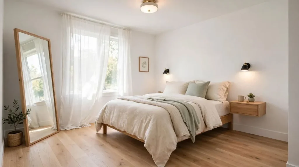Small bedroom using light colors, mirror, and space-saving lighting to appear larger