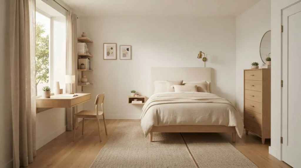 Small bedroom layout with queen bed, floating desk, and clear walkway