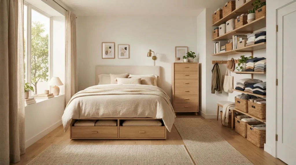 Small bedroom storage using vertical shelves and under-bed organization