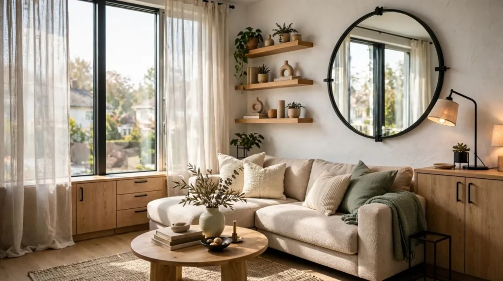 Modern small living room decor ideas with space-saving furniture, floating shelves, and Scandinavian interior design.