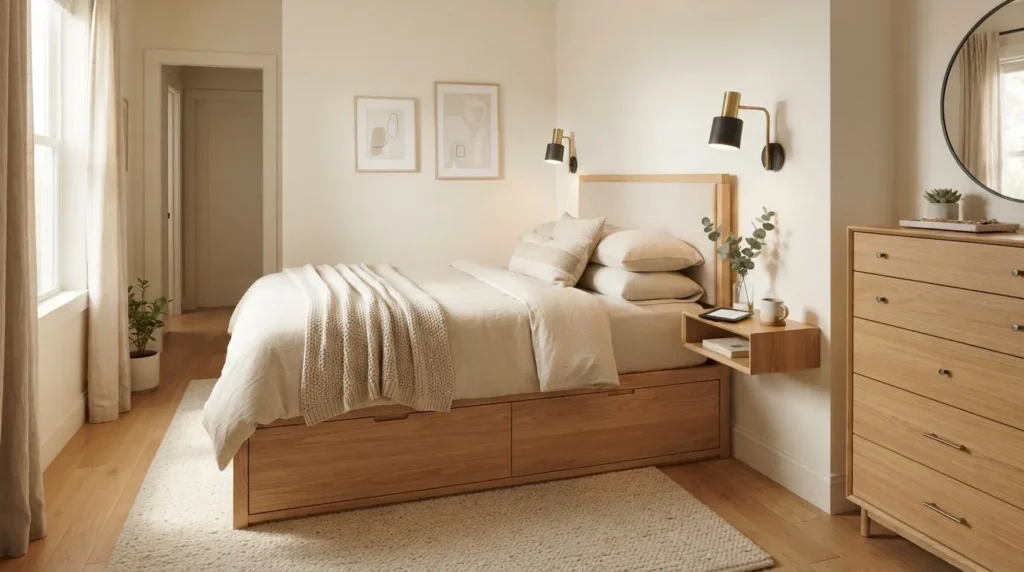 Space-saving bedroom with storage bed and floating nightstand