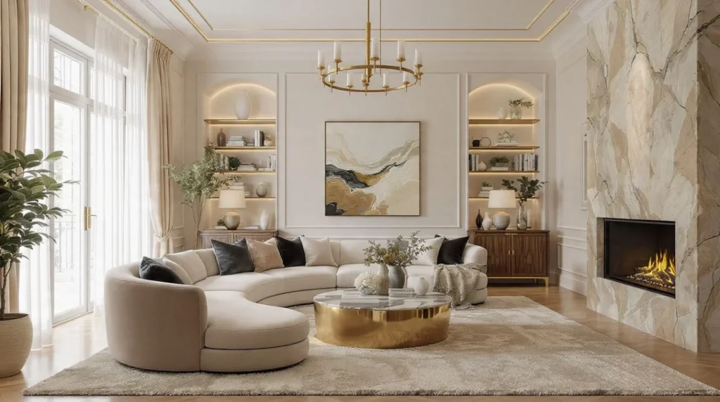 Transitional luxury living room combining contemporary furniture, classic architectural details, walnut wood, and layered textures.